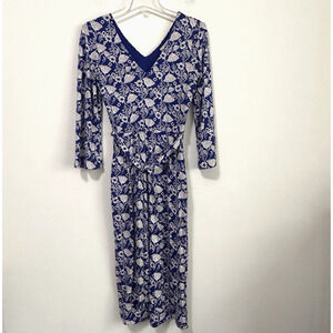 Boden Dress 2 Petite Amy Jersey Blue Lotus Belt 3/4 Sleeve Double V Stretch Knit